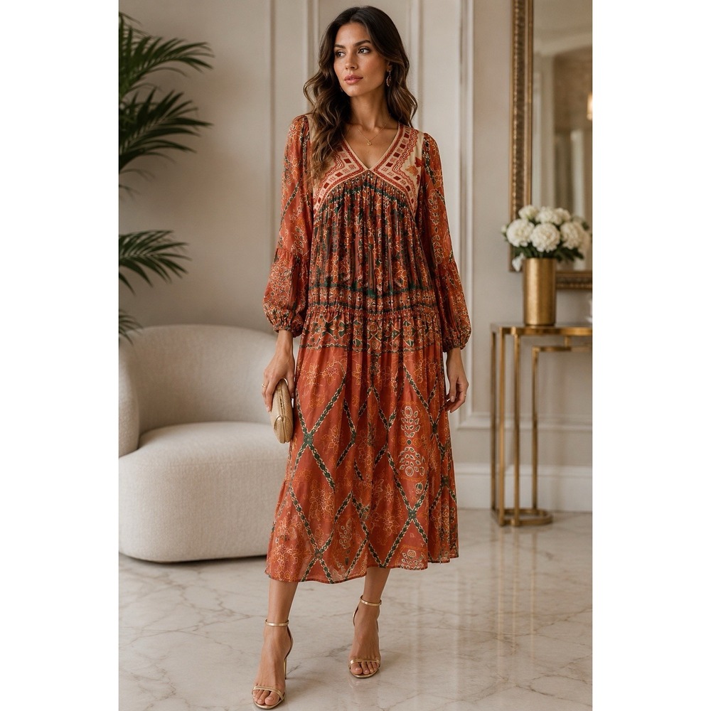 Free People Midi Dress S/P Pink City Embroidered‎ Metallic Festival Boho
